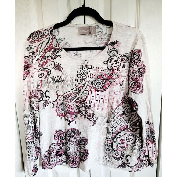 Chico's 1 Tan Paisley Top Pink Maroon L/S Round Neck Stretch Medium‎ Cotton Blnd - Picture 1 of 6